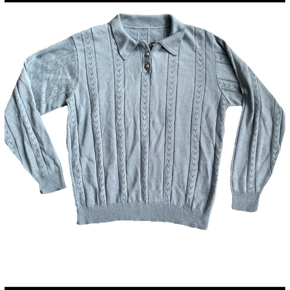 Women's Blue Long Sleeve Knit Eyelet  Collared Sweater Retro Classy Size Med.